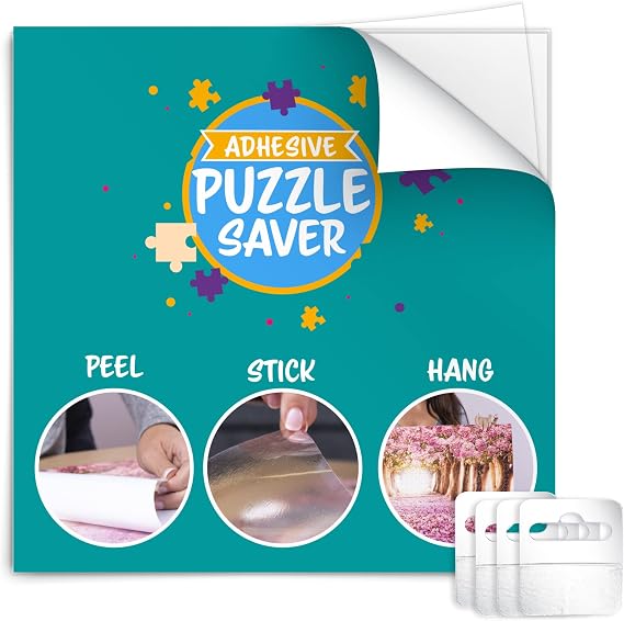 PLAYVIBE Peel and Stick Puzzle Glue - 14 Sheets, 6 Hangers - 1573 Sq Inch Coverage - Any Puzzle Size - Mess-Free Preservation