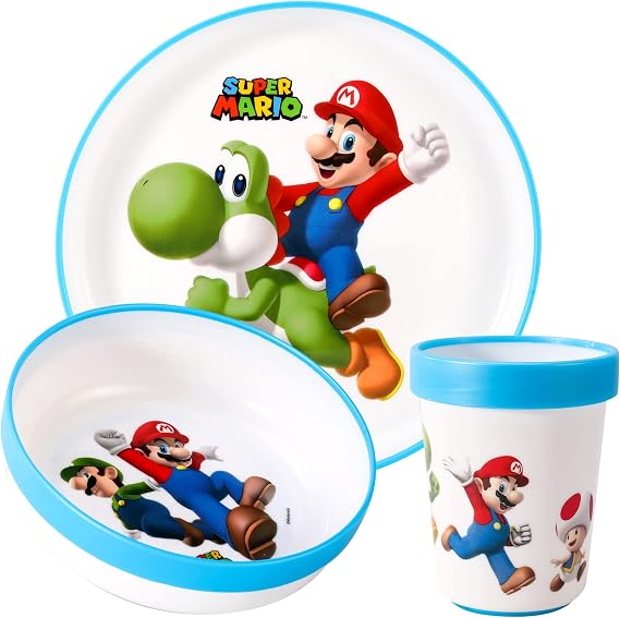 Super Mario 3pcs Reusable Bicolor Kids Dinner Tableware Set - 100% BPA-Free | Premium Plastic Dinnerware Sets Includes Toddler Cups, Plates and Bowls, 100% Safe, BPA Free & Certified Food Safe (US/EU)