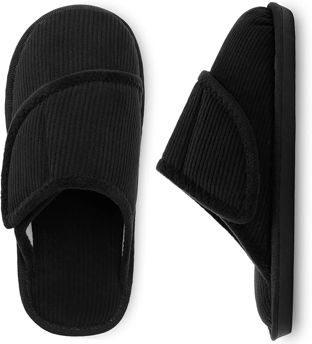 Mens Slippers Memory Foam House Slippers Adjustable Diabetic Shoes Corduroy Bedroom Slides House Shoes Indoor Outdoor