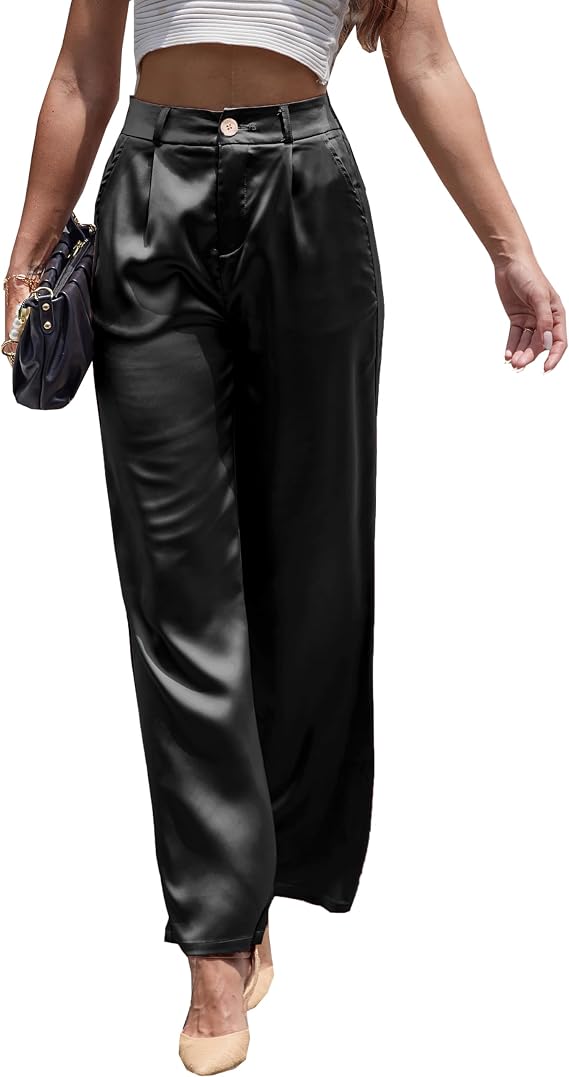 Women's Sequin Sparkly Glitter High Waist Wide Leg Silky Satin Pants Night Out Party Clubwear Trousers
