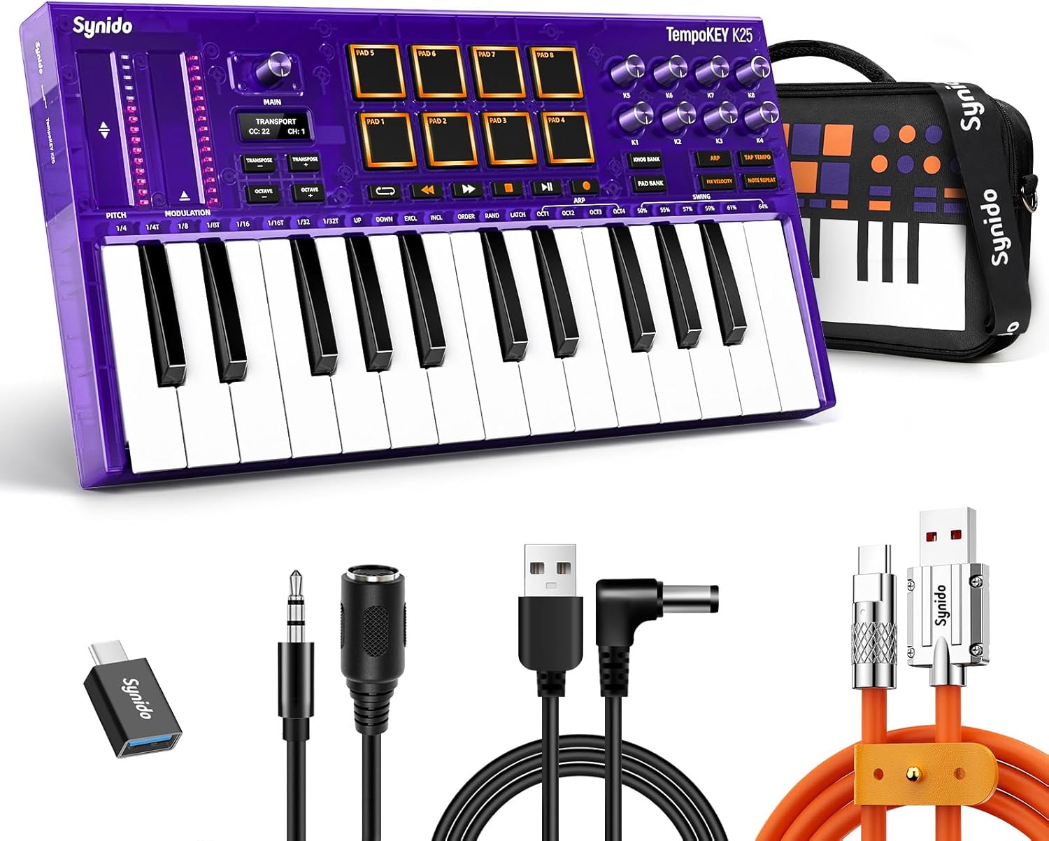 Synido USB C MIDI Keyboard Controller 25 Key with Drum Pads, Velocity-sensitive Full-size Keys, OLED Screen, Portable Midi Controller Beat Maker Machine for Music Production, Purple, TempoKEY K25