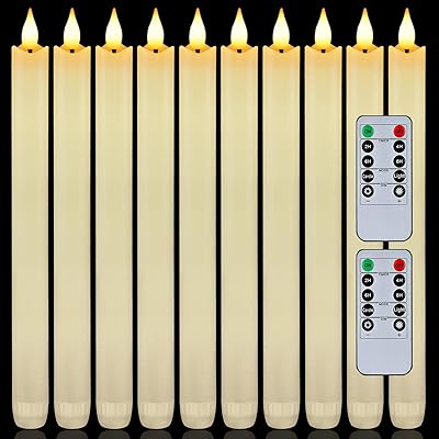 Homemory 12 Pcs Waxy Flameless Taper Candles with Remote, Flickering Battery Operated Taper Candles, Led Flameless Candlesticks Classic Tall Candle for Home, Wedding, Party, Ivory, 9.6 inches