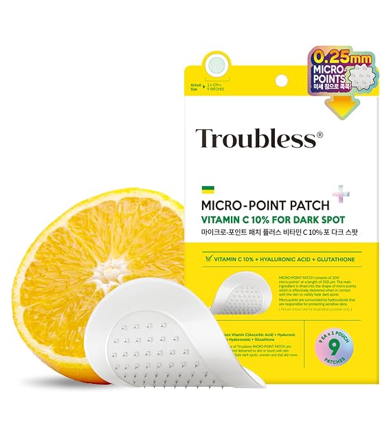 Troubless Micro Patch Plus - 10% Vitamin C Zit Hydrocolloid Patch 9EA | 200+ Micro-Dissolving Pyramids for Dark Spots, Fast Impurity Absorption, Seamless Adhesion, Comfortable All-Day Or Night Wear