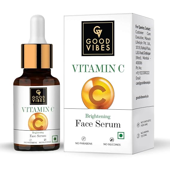 Good Vibes Vitamin C Brightening Face Serum For Glowing Skin | Lightweight Moisturizing Serum For All Skin Types | Helps Clear Dark Spots & Pigmentation | No Parabens & Sulphates (10 ml/0.34 Fl Oz)
