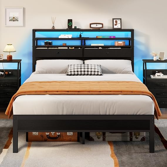 Full Size Bed Frame with Headboard & 2 Fabric Drawers, Black Oak | Full Platform Bed Featuring LED Lights, Built-in Charging Station & 3-Tier Storage Shelves, Metal Slats, No Box Spring Needed