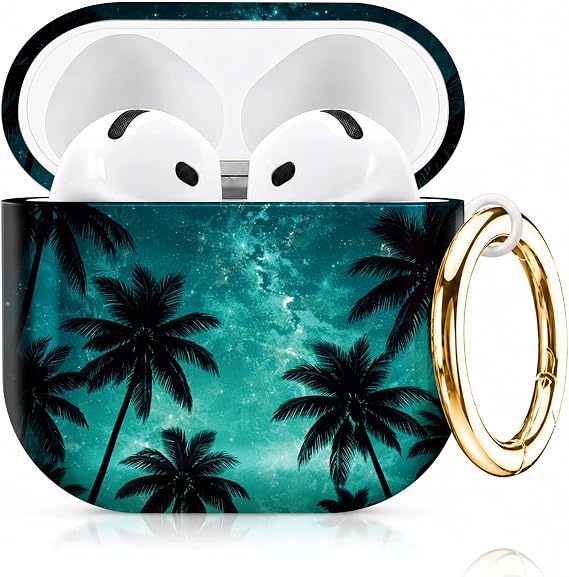 Compatiable with AirPod 4 Protective Case 2024, Soft Protective Case with Keychain for Women,Cute& Sleek Design Shockproof Charging Case Cover for AirPod 4(Tropical Night Sky Palm Trees Stars)