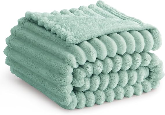 RUIKASI Fleece Throw Blanket for Sofa - Double Fluffy Light Green Throws for Sofas Large, Soft Warm Blanket Throw for Couch, Luxury Decorative Ribbed Bed Blanket 150x200cm Twin