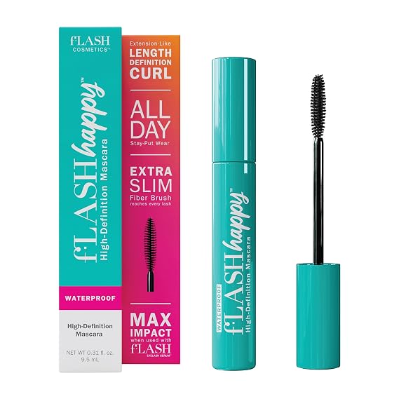 fLASH Happy High-Definition Mascara with Ultra-slim Brush for Length, Volume, Curl - All Day Wear, Clean Vegan Formula, Paraben-free (True Black)