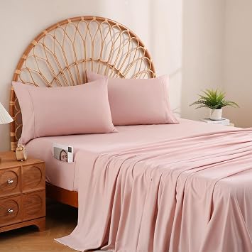 JSD Dusty Pink Queen Sheet Set with Side Pocket Corner Straps, 4 Piece Soft Microfiber Bed Sheets Extra Deep Pocket