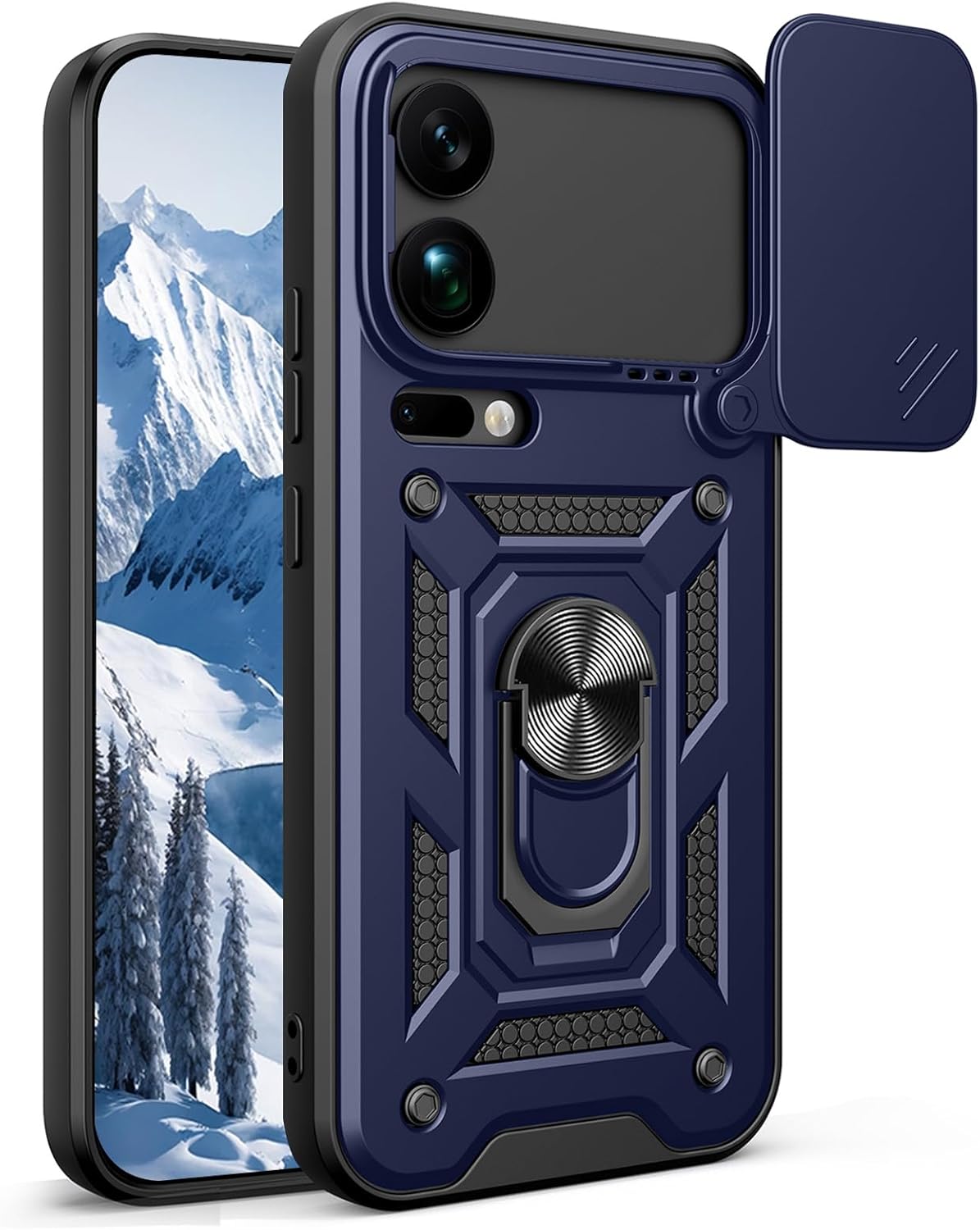Ysnzaq Xiaomi 17 Pro Max用ケース 磁気キックスタンド付き 高耐久 ミリタリーグレード 耐衝撃保護ケース スライドカメラレンズプロテクター付き Xiaomi 17 Pro Max 5G SJ ブルー