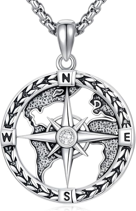 Compass Necklace 925 Sterling Silver Longitude Compass World Map Necklace Graduation Gift Jewelry for Men Women