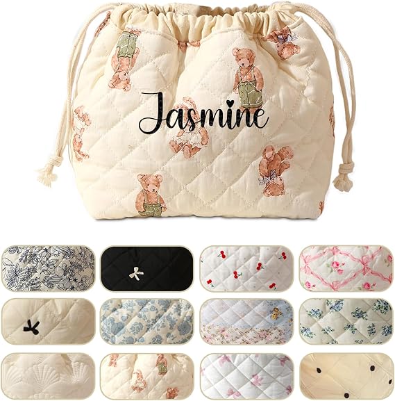 Ulico Personalized Quilted Drawstring Makeup Bag, Customized Cute Cotton Makeup Bag with Embroidered Name, Drawstring Pouch Opens Flat