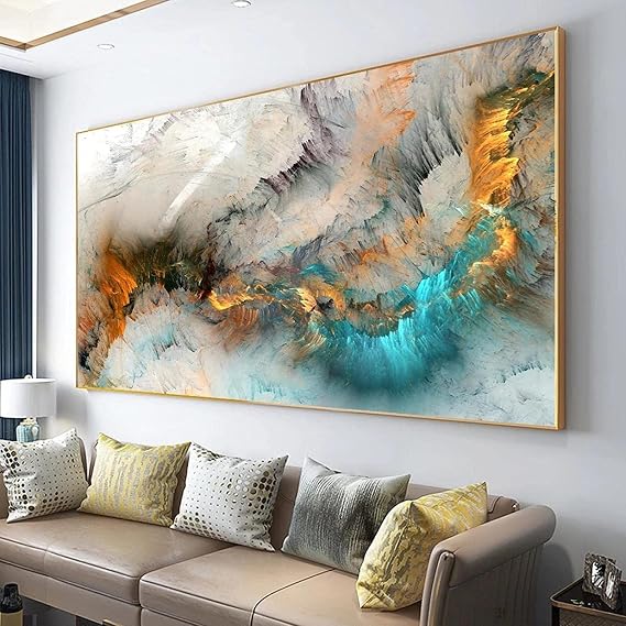 LLNN Light Gray Blue Yellow Cloud Abstract Canvas Frames - Canvas Painting Wall Art Print Poster for Living Room Decoration 86x193cm (With Frame )