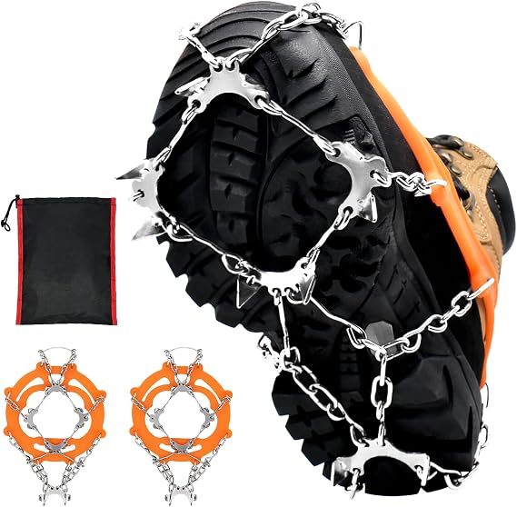 ZeeDix Spike Crampons Ice Cleats for Boots & Shoes - Anti Slip Traction for Hiking, Mountaineering, Walking & Fishing - Stainless Steel Spikes for Men & Women, Orange
