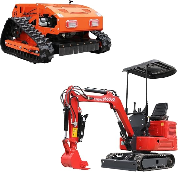 Mini Excavator KubotaDiesel EPA Engine,Hydraulic Thumb Clamp and RC Track Lawn Mower Combo - 13.5HP Digger with Remote Control Crawler Mower for Garden and Property Maintenance