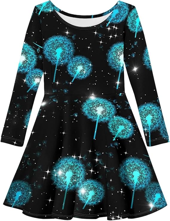 Girls Casual Long Sleeve T Shirt Dress Twirly Swing Graphic Print Novelty A Line Dress