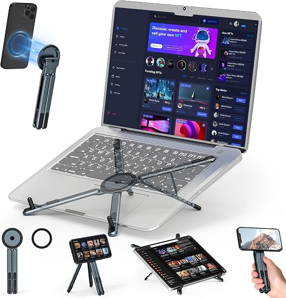 Portable Laptop Stand Travel, 3-in-1 Desk Tablet Mount Computer Holder Magnetic Phone Holder Tripod, for 1015.6" Laptops and 413" Tablets/Phones, Compact Foldable Metal, 8-Level Height Adjustment
