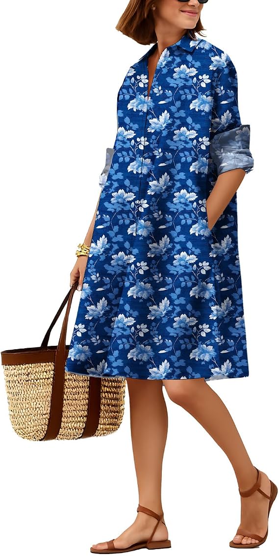 Women's Boho Floral Midi Shirt Dress Button Down Lapel Roll-up Sleeve with Side Pocket Bohemian Dresses for Ladies