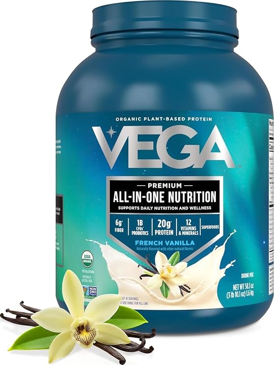 Vega All-in-One Nutrition Organic Vegan Protein Powder French Vanilla, 20g Protein Meal Replacement Shake 3.63 lbs (43 Servings)