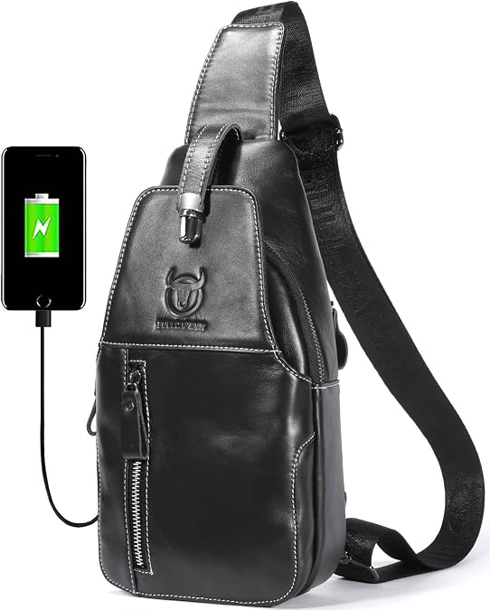 Genuine Leather Sling Bag Mens Crossbody Backpack Hiking Casual Daypack Shoulder Chest Bag with USB Charging Port