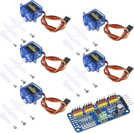5PCS SG90 9g Servo Motor + 16 Channel PWM Servo Motor Driver PCA9685 IIC Module 12-Bit DIY Kit for RC Robot Arm Helicopter Airplane Car Boat Remote Control for Arduino for Raspberry pi