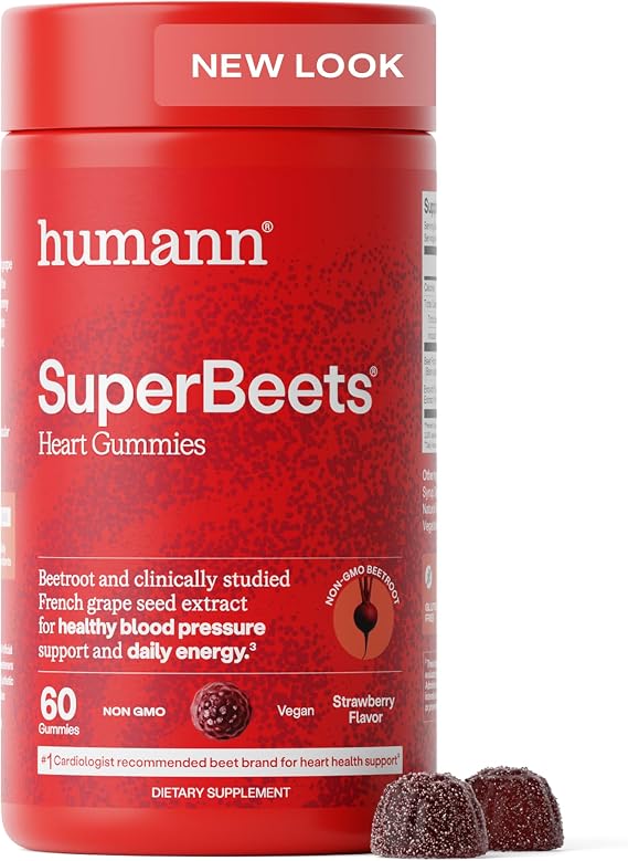 HumanN SuperBeets Strawberry Heart Gummies - Beetroot & Grape Seed Extract, 60 Count