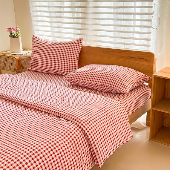 NSNLGSGC Red Gingham Queen Comforter Set, 3 Pieces | Red Grid Bed Comforter, 3 Pieces, 1 Comforter, 2 Pillowcases