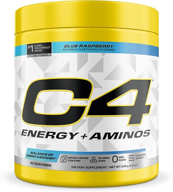 C4 Energy + Aminos Powder for Muscle Recovery, 30 Servings | Blue raspberry flavor with 100mg natural caffeine, 5g BCAAs & EAAs plus electrolytes, recovery and hydration.