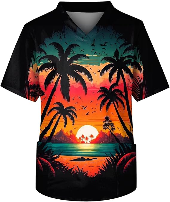 Men's Fit Gradient Color Scrub Tops Plus Size V-Neck Short Sleeve Funny Medical Workwear with 3 Pocket S-5XL