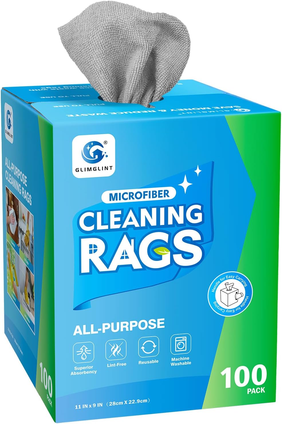GLIMGLINT Microfiber Cleaning Cloth, 100 Pack Cleaning Rags, Lint-Free, Ultra Absorbent Reusable Paper Towels for Home, Kitchen, Car, Garage or Shop, Dish Rags, 11 x 9, Grey