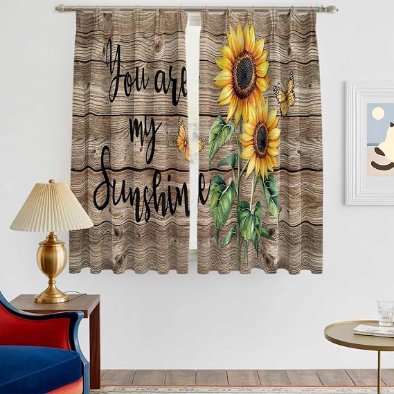 Sunflower Yellow Blackout Curtains for Bedroom, Sunshine Butterfly Farmhouse Wood Brown Room Darkening Curtains for Living Room with Hooks, Thermal Insulated Drapes 2 Panels, 79" Wx32 L