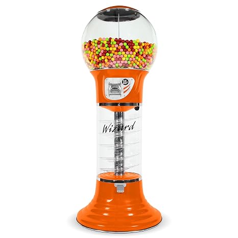 Giant Gumball Machine with Stand - Commercial Bubble Gum Machine 5`6" Spiral Gumball Vending Machines - Coin Mechanism $0.25 - Dispenses 1 Gumballs Bouncy Balls & Toys in Round Capsules - Orange