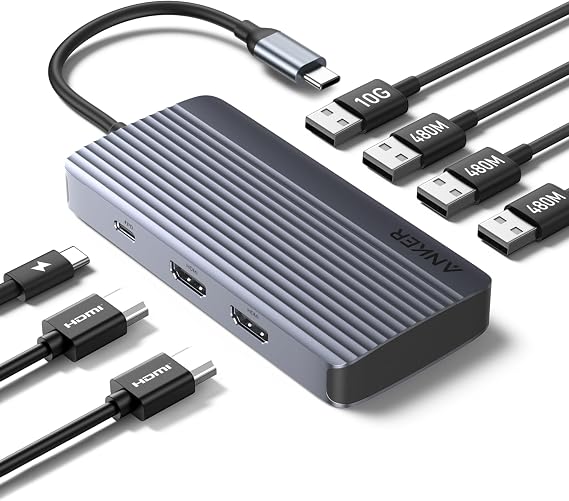 Anker 7-in-1 USB-C Hub Dual Display USB-C Docking Station Dual HDMI Display 100W Power Supply 10Gbps Data Transfers USB Ports for MacBook Air/Pro Dell XPS iPad Pro and More
