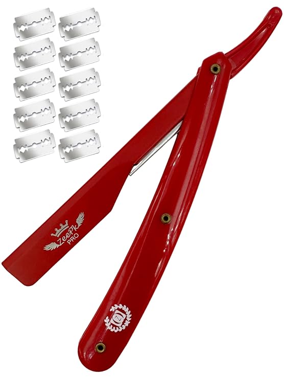 PROFESSIONAL STRAIGHT BARBER RAZOR CLEAN SHAVE + FREE BLADES STRAIGHT EDGE BLADE AFEITADO RAPADA USA SALON SHAVING CLASSIC STAINLESS STEEL (Red Razor Holder)