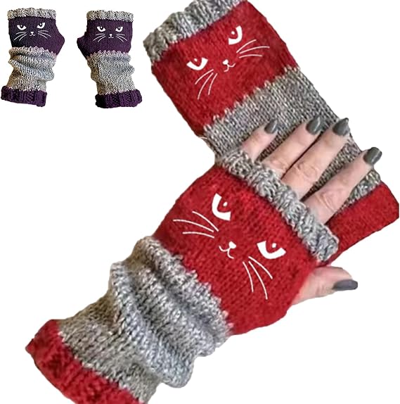 Womens Knitted Fingerless Gloves with Cute Cat Embroidery - Cat Embroidery Splicing Knitted Gloves, Warm Glove