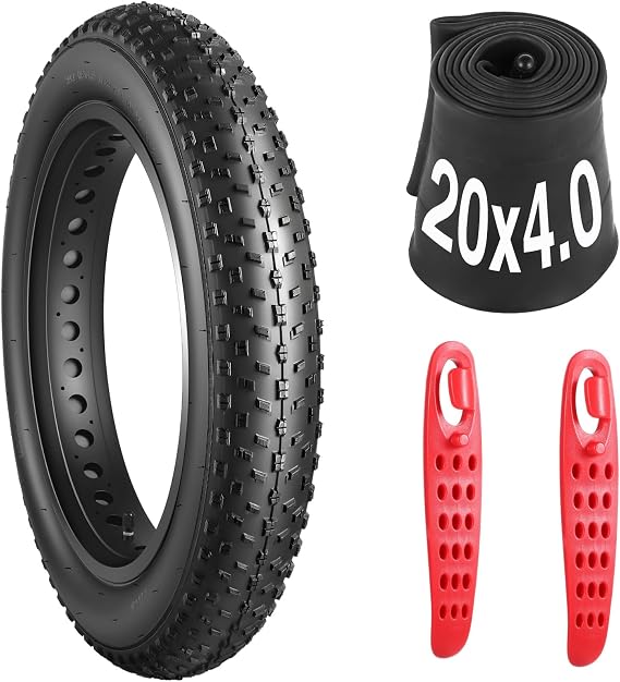 yeesport 20x4.0 Fat Tire Ebike, Folding 20 Inch Fat Bike Tire and Tube Set | 20x4.0/100-406 ebike tire replacement with AV valve inner tube and tire levers for snow, sand, mud and mountain trails