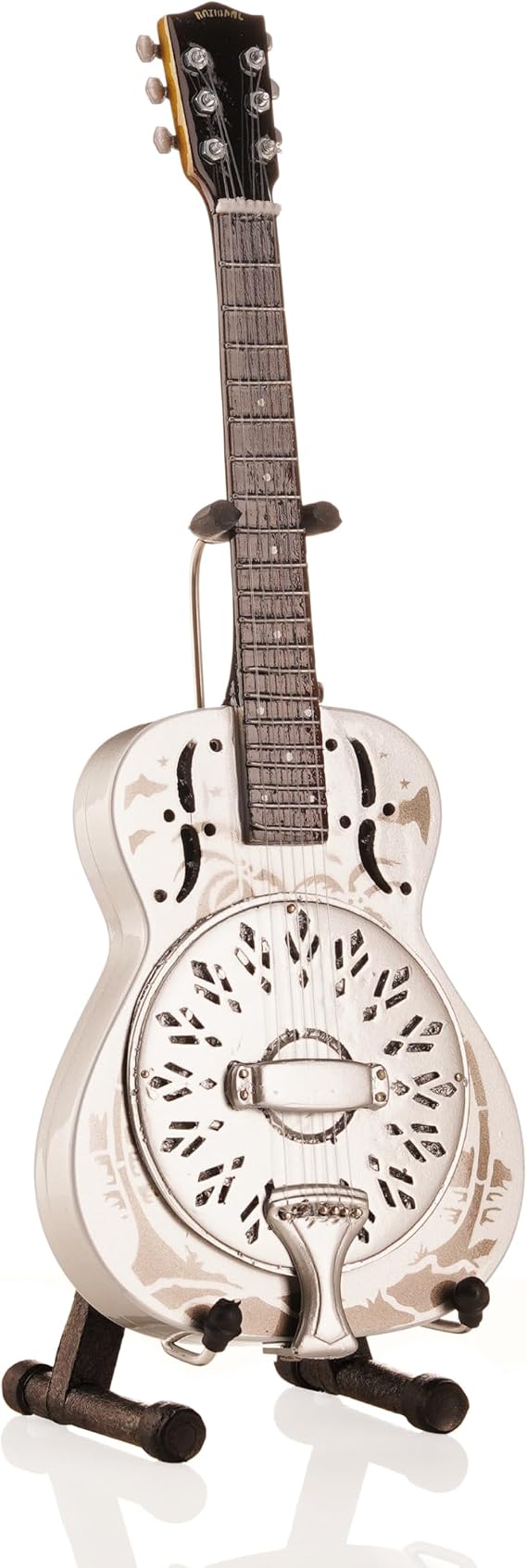 Dire Straits Resonator Miniature Guitar | Handmade Wooden Mini Replica by Axe Legends | Includes Personalised Mini Leather Guitar Strap and A-Frame Display Stand | 25 cms Tall | Shipped in Gift Box