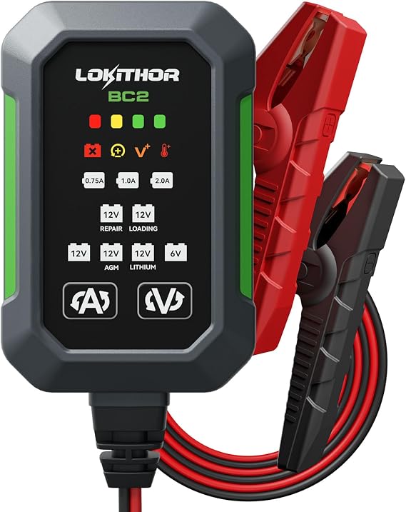 LOKITHOR BC2 6V/12V Car Battery Charger, 2A/1A/750mA Adjustable Currents | Automatic Battery Maintainer, 10 Stage Trickle Charger, Double Pulse Repair, Forced Charge, Overcharge Protection, Waterproof