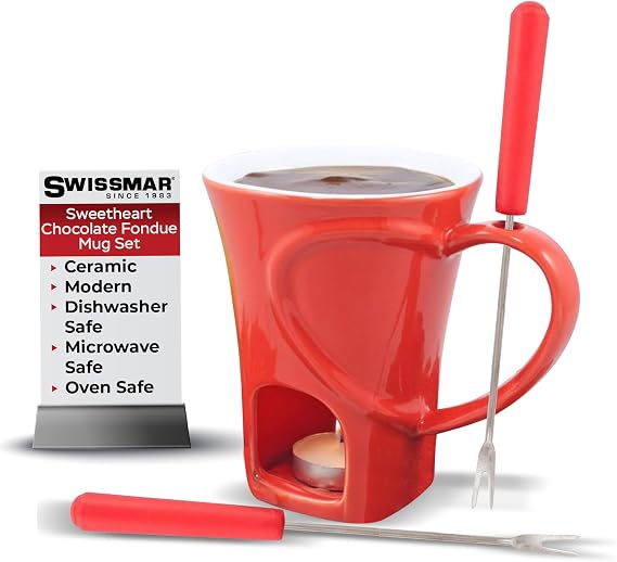 Swissmar 4-Piece Sweetheart Chocolate Fondue Mug Set Mini Fondue Set for Keeping Chocolate, Caramel, Cheese, More Warm Ideal Gift for Weddings & Desserts