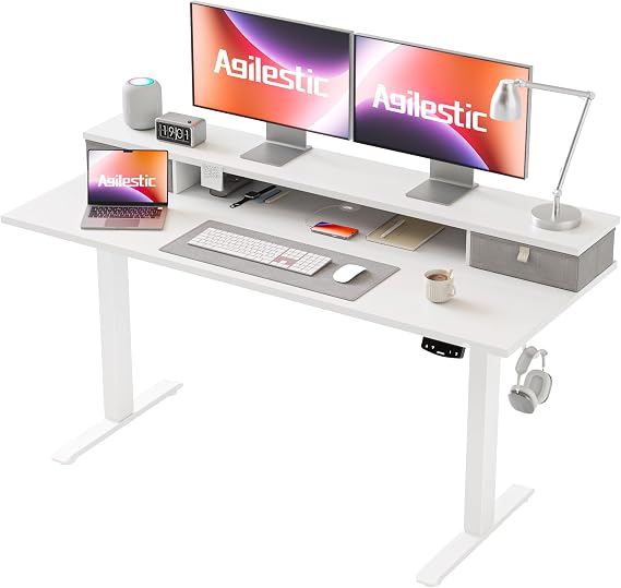 Agilestic Electric Adjustable Height Desk, with 2 Fabric Drawers, 140x60cm | 72-116cm Height, Stable Sit-Stand Standing Desk w. 2 Memory Buttons, Computer Desk for Home Office, 2 pcs Desktops, White