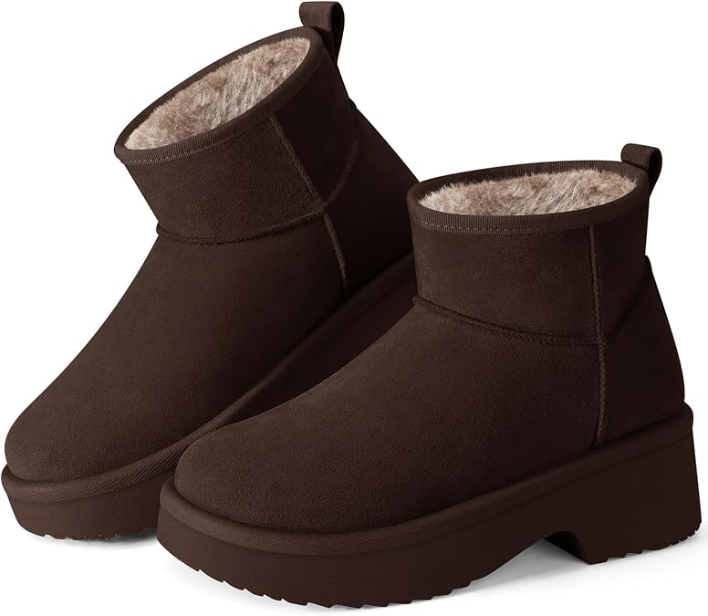 SHIBEVER Brown Winter Ankle Boots Women Platform Suede Snow Booties Warm Fur Anti-Slip Waterproof Comfortable Outdoor Shoes Size 7