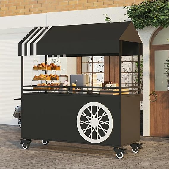 Food Vendor Cart, Mobile Food Display Stand with Lockable Wheels, 4-Wheel Portable Mobile Dining Cart, for Outdoor Events, Street Food, Markets(Black,140cm/55.1in)