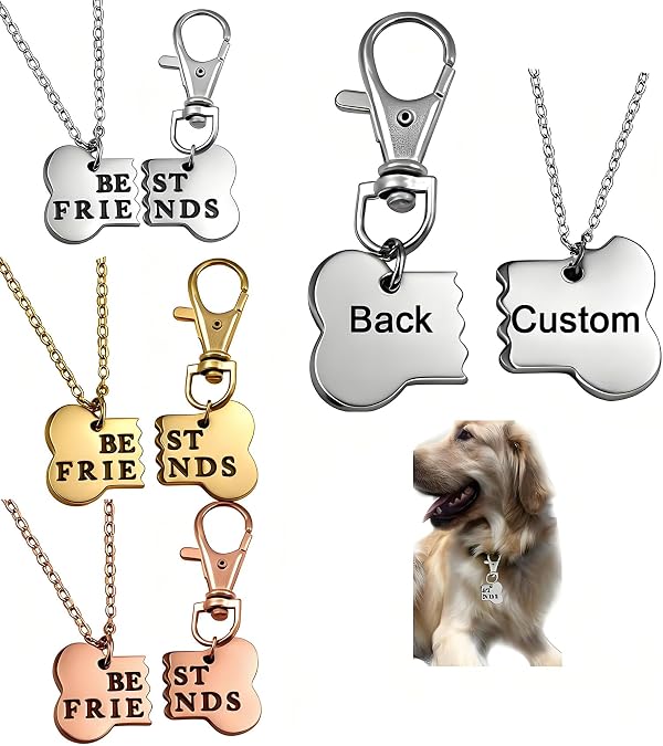 Custom Best Friend Matching Bone Necklace Keychain Set Pet ID Tag Dog Lover | Matching Round Bone, BFF Necklace Set, Human Pet Jewelry Pendant Collar Tag, Gift for Pet Dog Cat Lovers, Stainless Steel