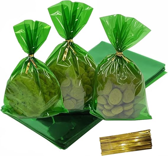 Green Cellophane Treat Bags - 100Pcs Cello Bags Resealable 6x9 Inch Candy Favor Bags for Parties, Holidays, Snacks Goodie Gifts Party