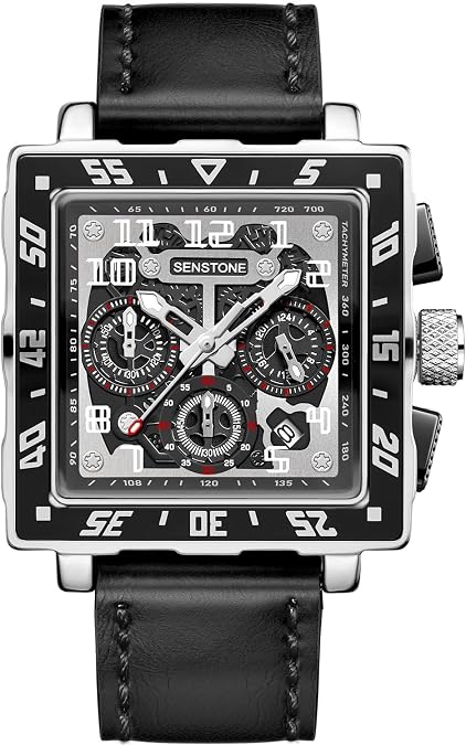 senstone Square Watch for Men with Leather Strap Multifunction Chronograph Dial Analog Quartz Wristwatch Business Dress Watch with Luminous Waterproof Calendar
