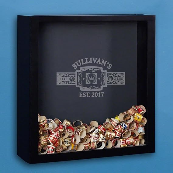 Engraved Cigar Band Shadow Box Display Case - Fine Cigars Black Wooden Shadow Box Frame, Personalized Product