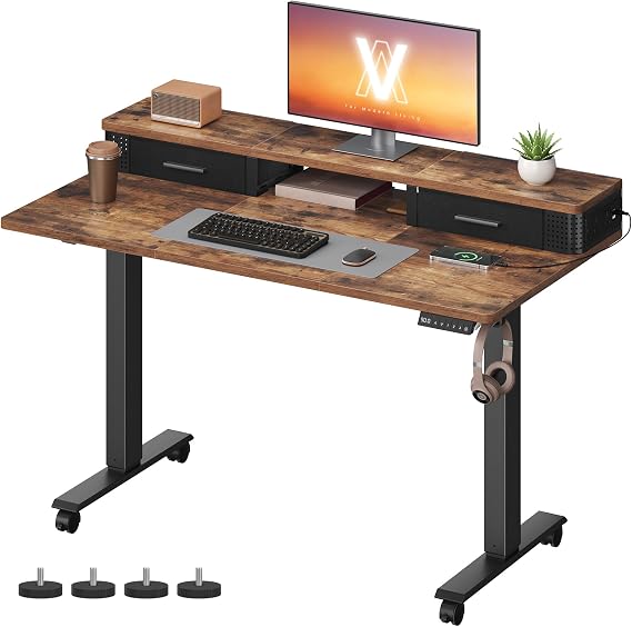 VASAGLE Electric Standing Desk with Built-In Power Strip, 120 x 60 x (72-120) cm, Adjustable Height, Monitor Stand, 2 Hooks and Drawers, Memory Function, Rustic Brown LSD182KD03