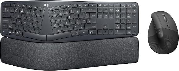 Logitech Lift Vertical Ergonomic Mouse, Wireless, Bluetooth or Logi Bolt USB receiver, Quiet, ERGO K860 Wireless Ergonomic Keyboard - Split Keyboard Layout, Wrist Rest, QWERTY UK Layout - Graphite