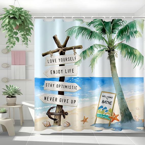 Beach Shower Curtain Set, Tropical Palm Tree Shower Curtain for Bathroom, Inspirational Coastal Nautical Fabric Polyester Waterproof Bathroom Curtains Accessories with 12 Hooks, 71"x71"
