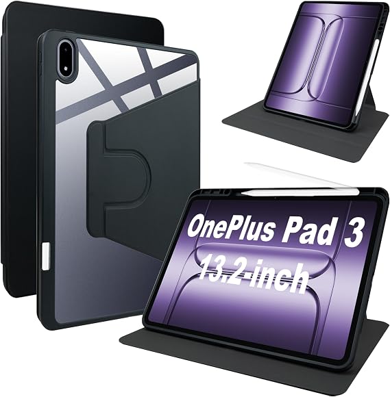 OnePlus Pad 3用 PC 360°回転ケース ペンスロット付き 軽量 傷防止 ブラック OnePlus Pad 3 13.2インチ 2025年用